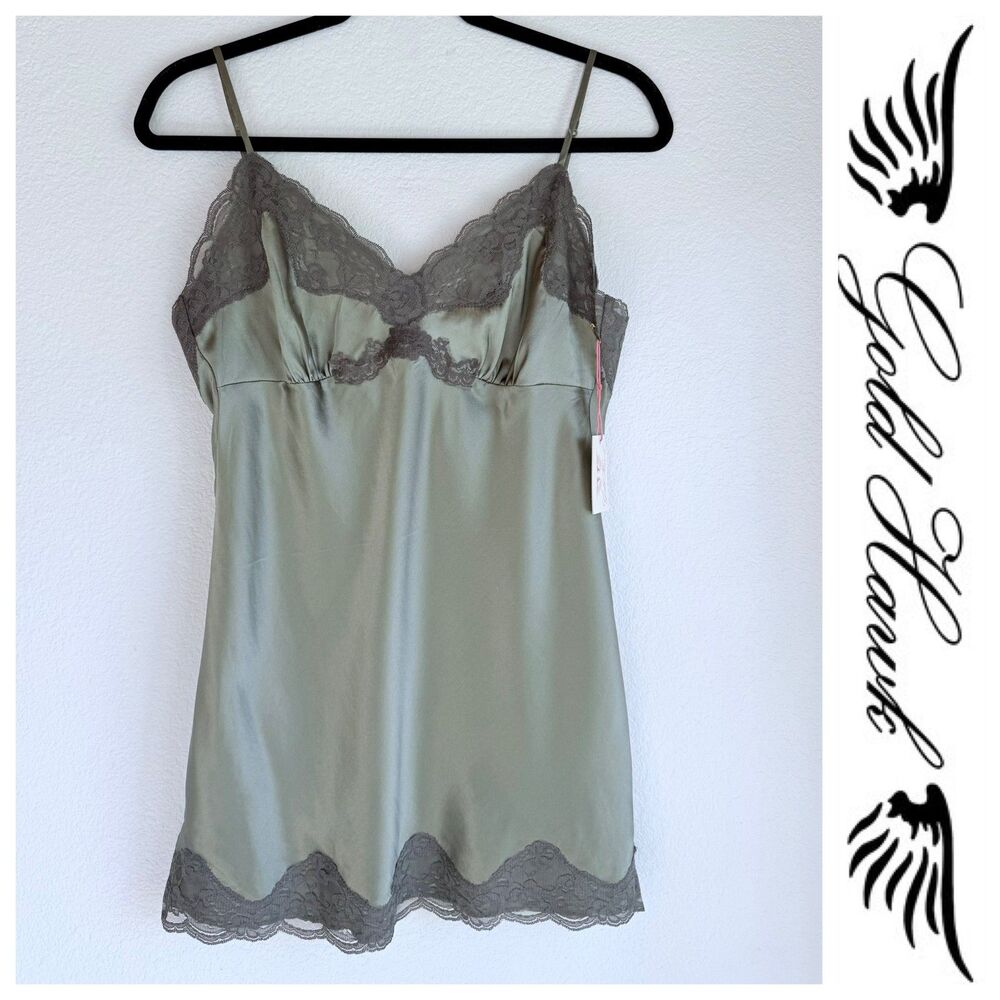 NEW Gold Hawk Two Tone 100% Silk Lace Trimmed Camisole in Phantom Green Size M